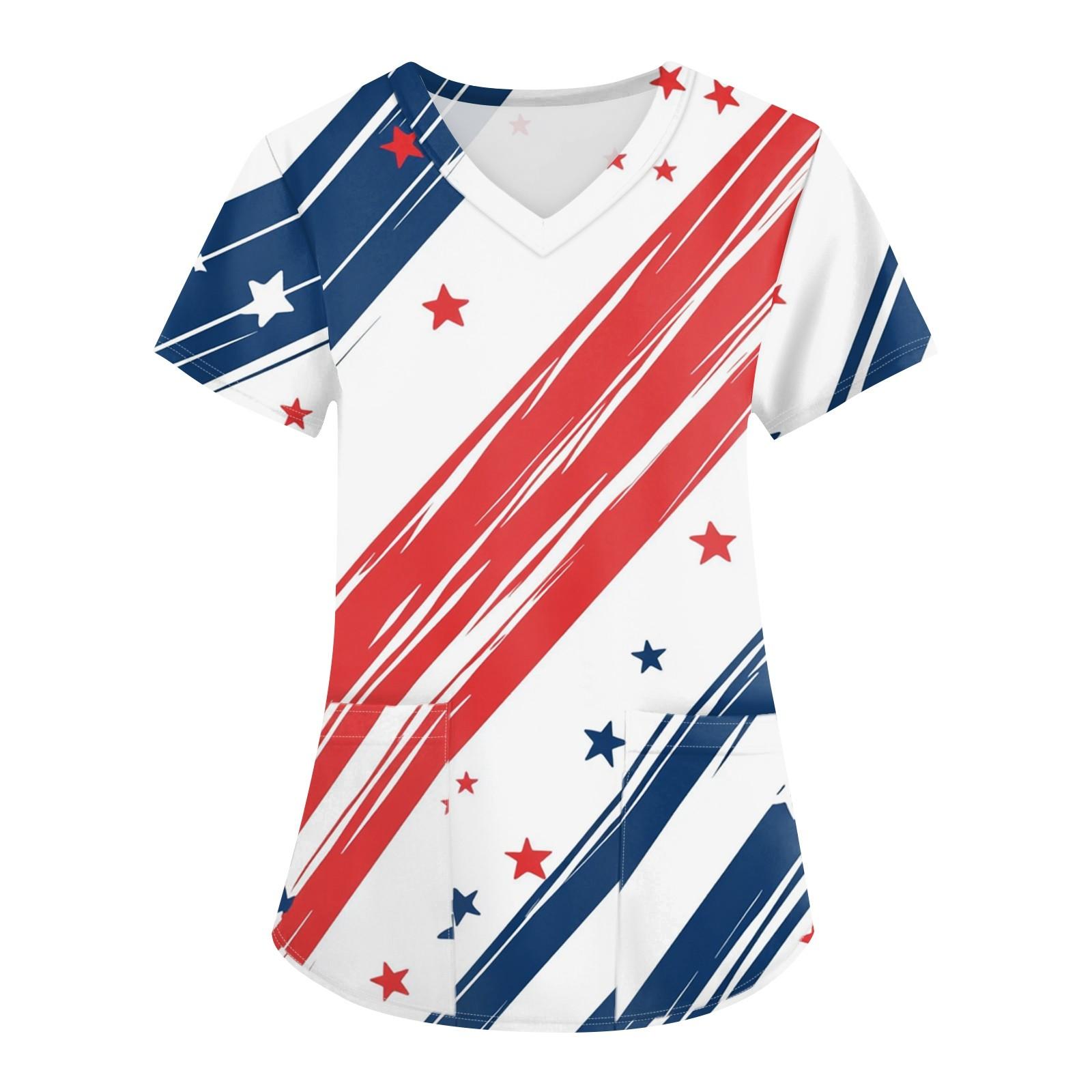 

Большие размеры, печатные рабочие униформы, топы для женщин, крестообразный V-образный вырез, День независимости, принт, короткий рукав, забавные футболки, рабочая одежда, футболка с карманами XXL белый