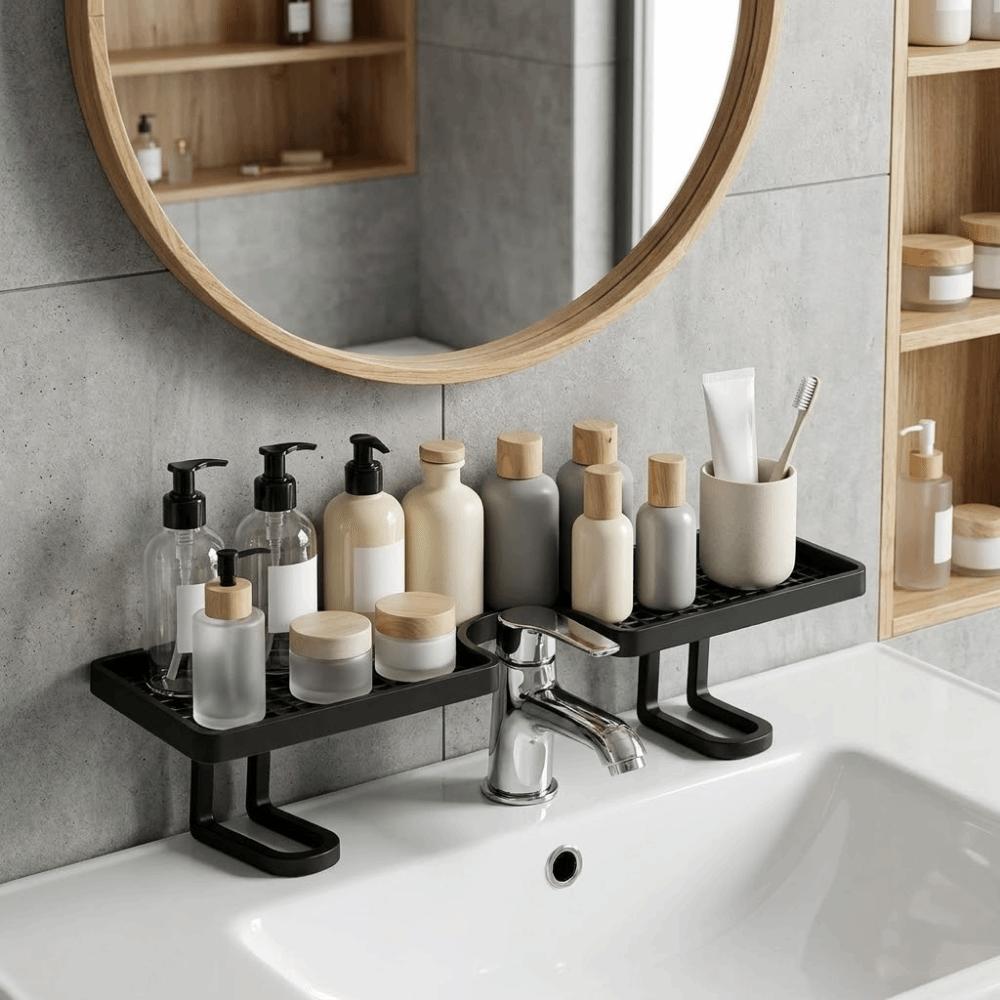 No Drill Bathroom Storage Rack Plastic Bathroom Sink Shelf Faucet Storage Shelf for Kitchen