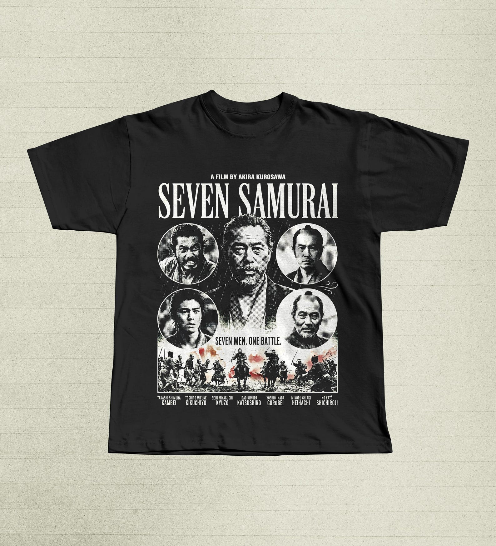 Seven Samurai Film T-Shirt, Akira Kurosawa Japanese Cinema Graphic Tee S