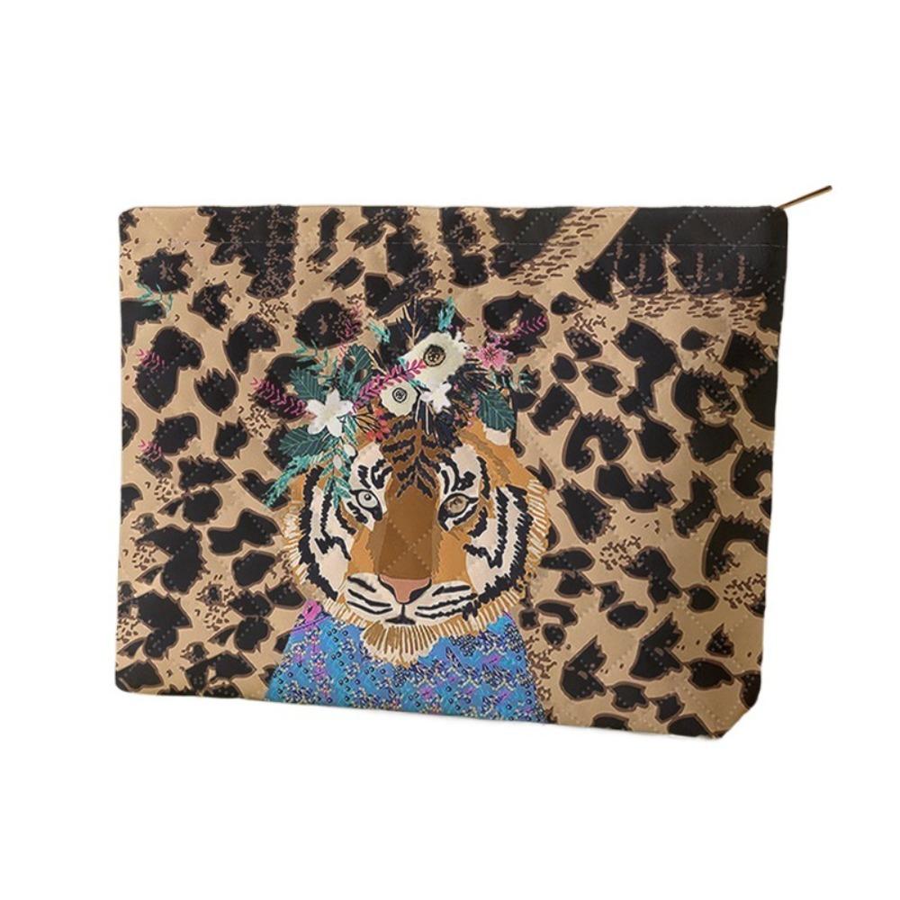 

Practical Tiger Leopard Print Makeup Bag Zipper Closure Corduroy Storage Bag Multifunctional Lightweight Cosmetic Bags