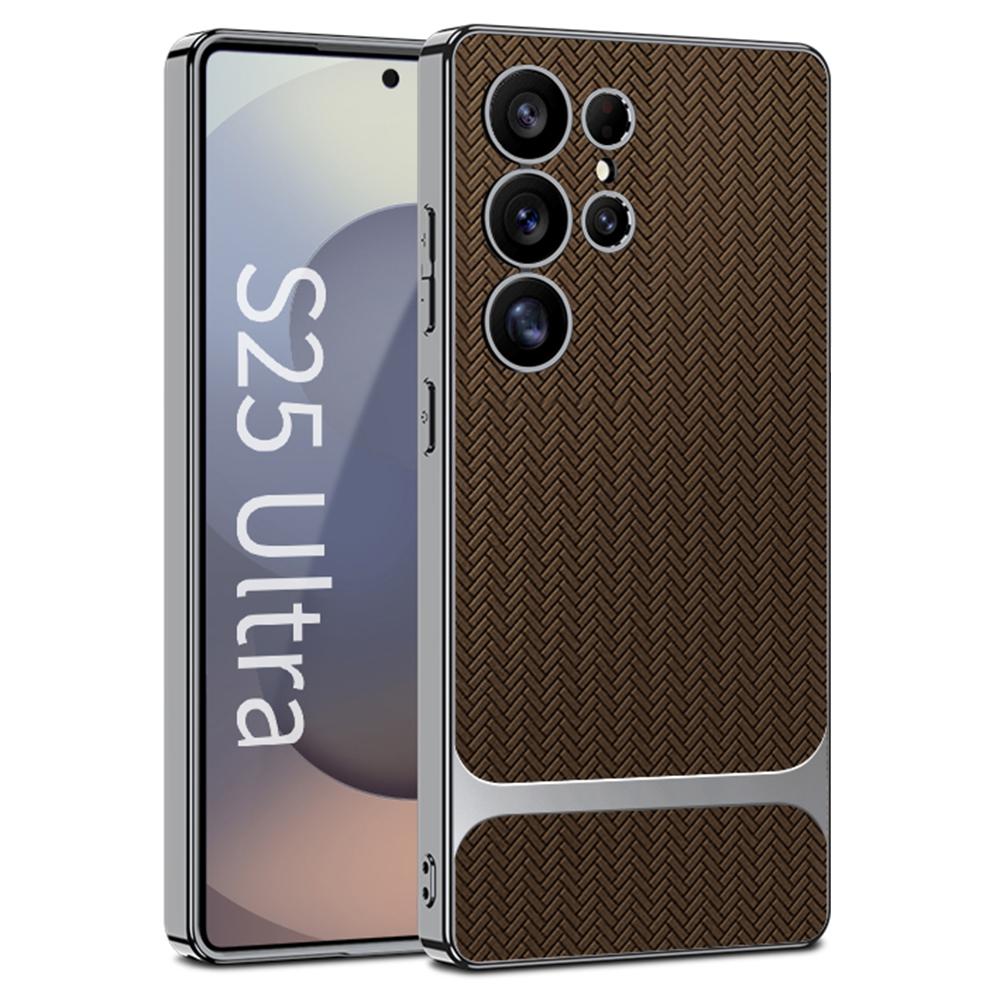 

For Samsung Galaxy S25 Ultra Case Woven Pattern Electroplating TPU+PC+PU Phone Back Cover Coffee