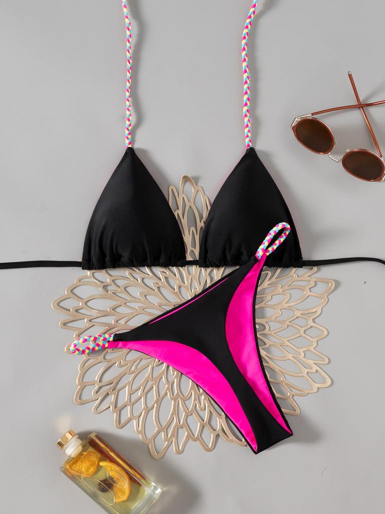 Kontrastní barva ramínka Jednobarevné tanga Sexy bikiny Dvoudílné plavky pro ženy