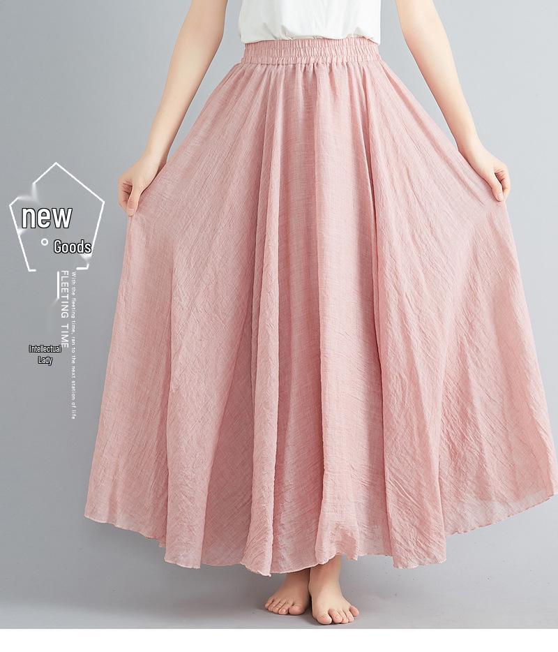 Mori Girl Plus Size Cotton Linen Midi Skirt - Elastic Waist, A-line, Solid Color, Ethnic Style, Long Length
