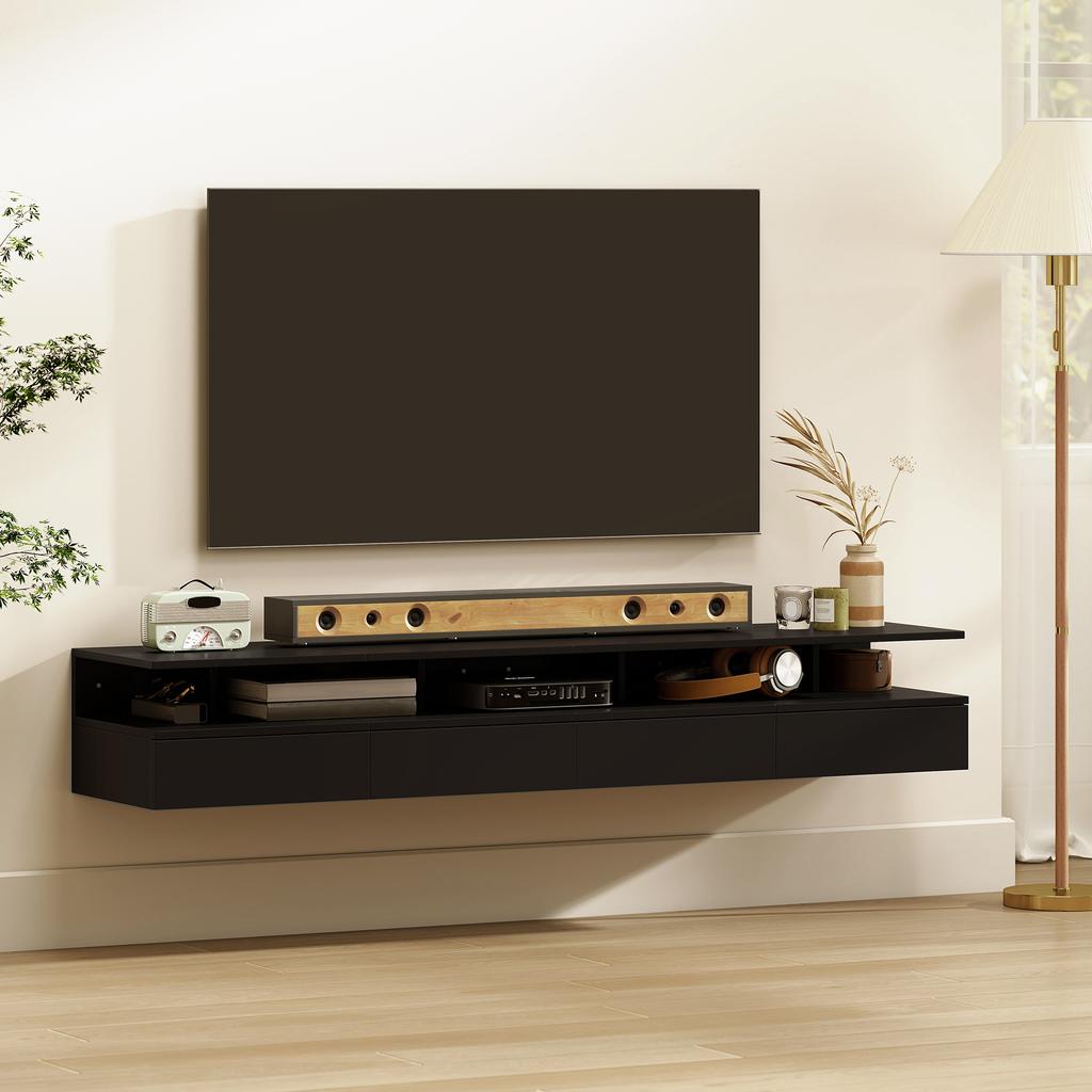 Set of 2 Wall-Mounted Nightstands, Drawer and Open Shelf, 35x32x22.5 cm, Black