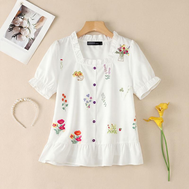 ZANZEA Women Casual Square Collar Loose Floral Prin Short Sleeve Blouse