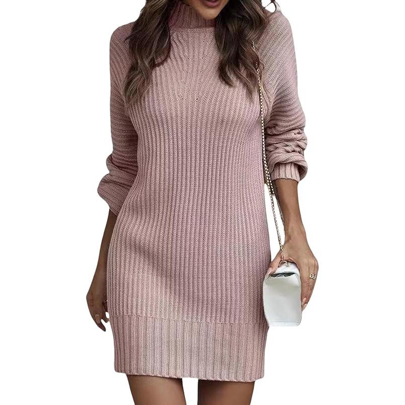 Women's Mock Neck Sweater Dres Long Lantern Sleeve Rib Knit Stretch Bodycon Sweater Dress