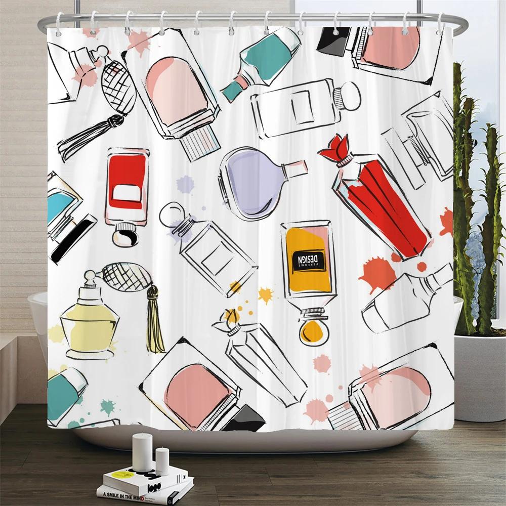 Ladies Perfume Flower Print Shower Curtain Fashion Bathroom Curtains Fashion Girly Women Polyester Bath Curtain Decor With Hooks