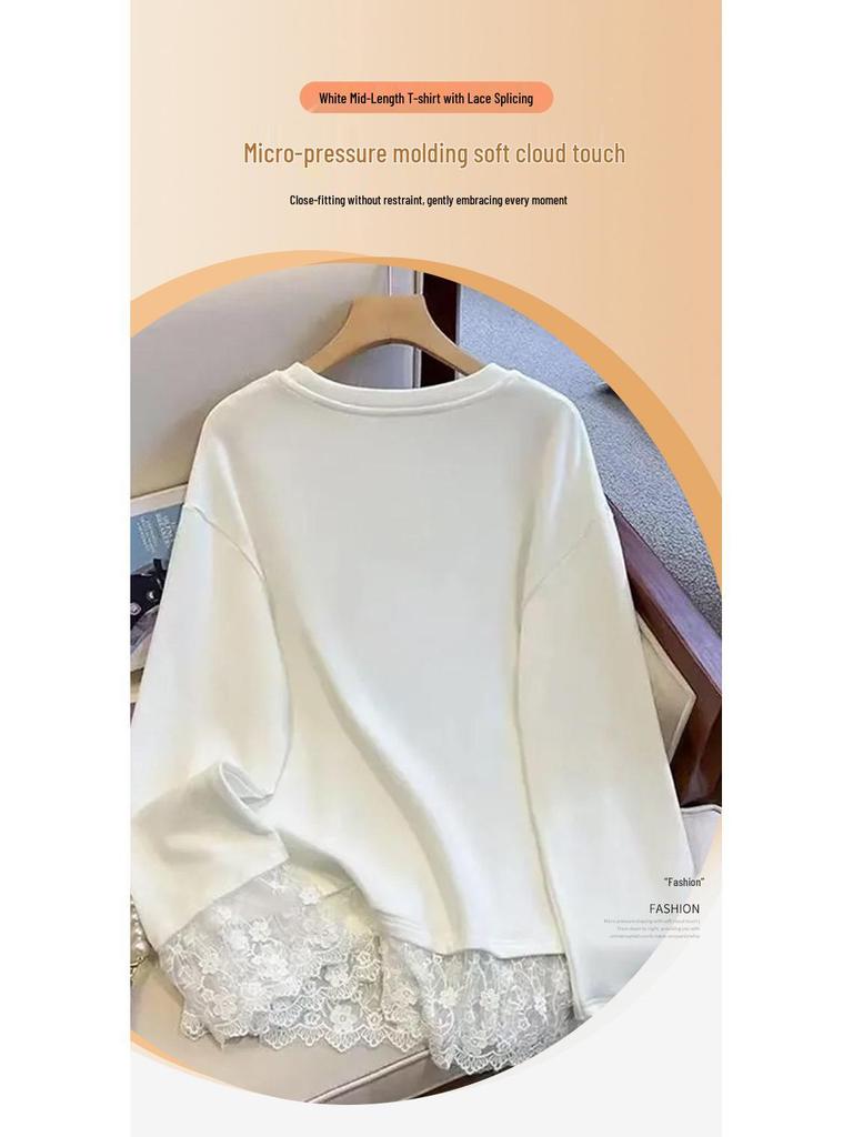 Weißes Spitzen-Patchwork-Langarm-T-Shirt für Damen, Stilvolle Plus-Size Herbst-/Winter-Unterwäsche