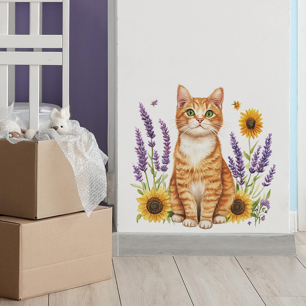 Cartoon Orange Cat Sunflower Lavender Bedroom Living Room Entrance Hall Home Beautification Wall Stickers