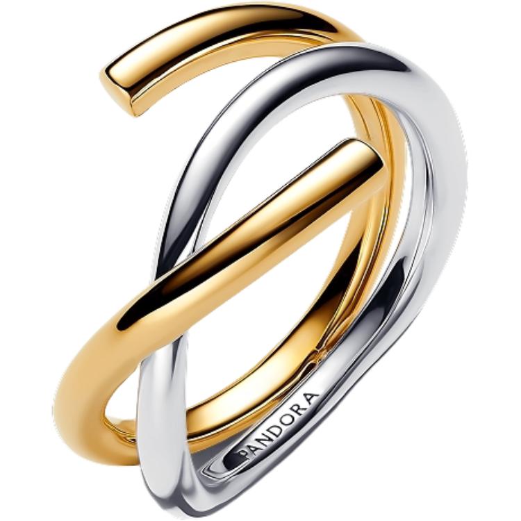 Pandora Two-Tone Double Ring Design 925 Silver Ring Women rings Yellow 163889C00 Box,54mm