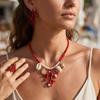 Bohemian Red Coral Branch Ring Necklace Earrings Set for Women Shell Conch Necklace Ring Drop Earrings Party Jewelry Gift
