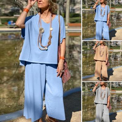 2Pcs/Set Women Summer Outfit V-Neck Short Sleeve Tee Shirt Loose Fit Wide