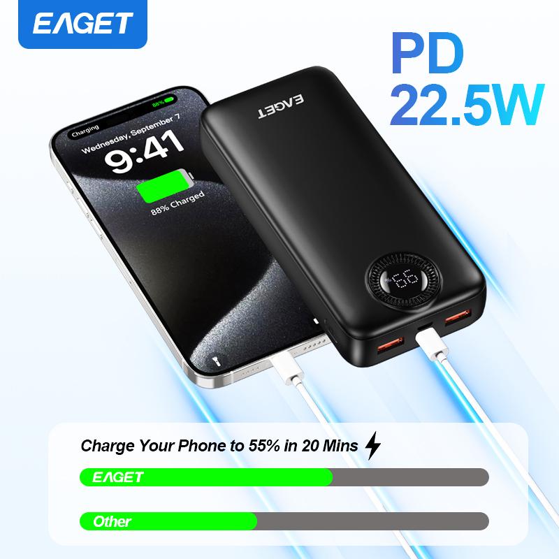 EAGET 20000mAh Powerbank PD 22.5W Superrask Lading Powerbank med LED Batteridisplay for iPhone 14-17 Android/Samsung/Nettbrett