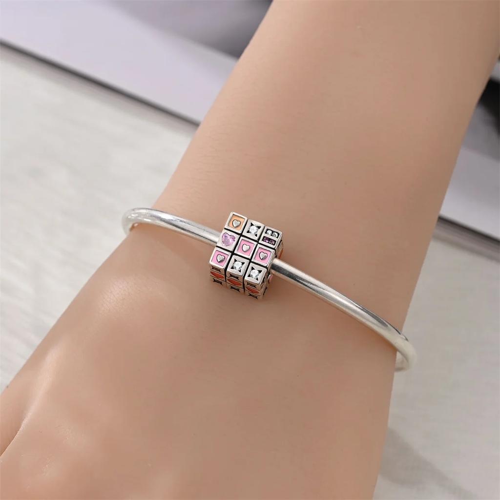 Charm Bead Components Authentic Original Copper Metal Love Heart Magic Cube Bead Components Compatible With Bracelet High Quality Fine Jewelry Do It