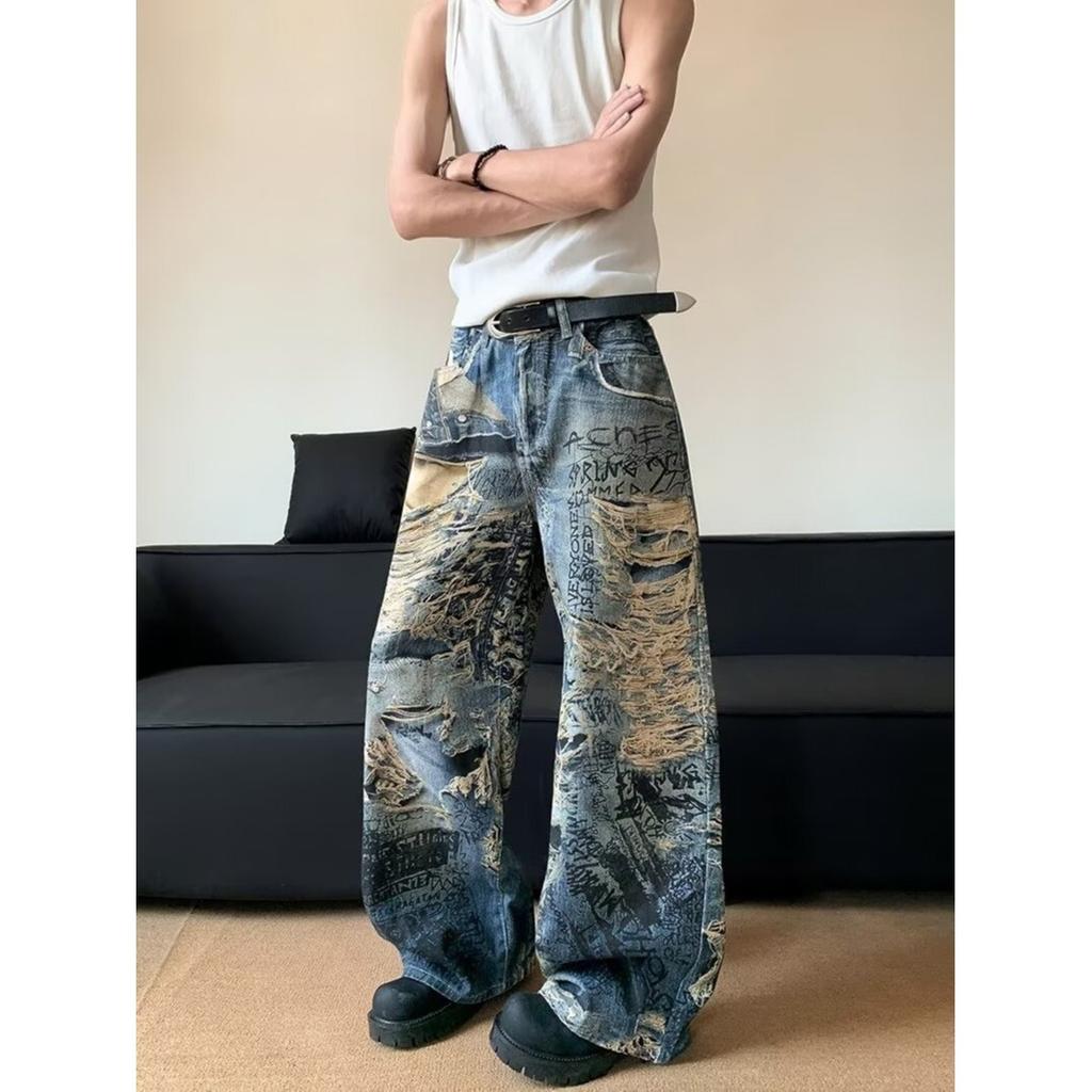 Men's Mid Rise Washed Cat Whisker Barrel Jeans Loose Wide Leg Denim Pants American Vintage High Street Y2K Casual Four Seasons Long Trousers