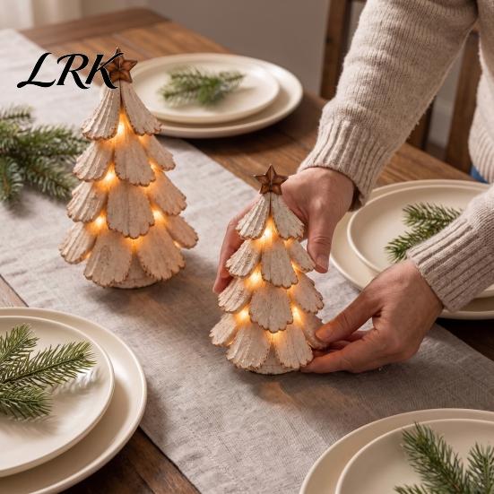 Retro Style Xmas Ornaments Vintage Lighted Christmas Tree Figurine, Glowing Tabletop Centerpiece with LED Mini for Shelf Light, Holiday Winter