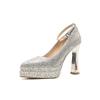 Skinny Pointed Thick Heel Mary Jane High Heels Women's Waterproof Table Satin One-word Button Rice Silver Wedding Shoes Single Shoes
