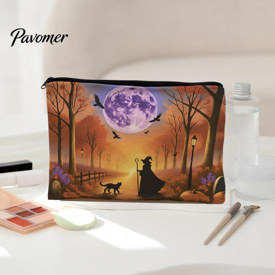 Wear-resistant Storage Bag Bag, with Smooth Zipper, Thickened Polyester Large Capacity Reusable Cosmetic Halloween Witch Pumpkin Pattern Printed Pouch