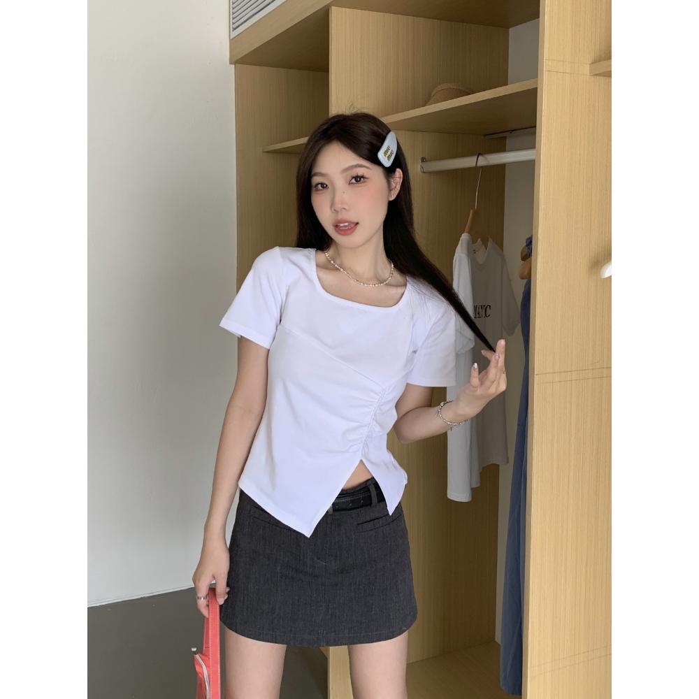 Irregular Square Collar Short-sleeved T-shirt for Women In Summer New Style for Flesh Covering and Short Shoulder Top
