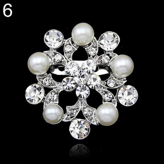 Faux Pearl Flower Brooch Collar Pin Rhinestone Crystal Bridal Jewelry Present