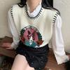 2023 Autumn New Versatile Cartoon Pattern Pullover Sleeveless Sweater Top Women's Knitted Tank Top Vest