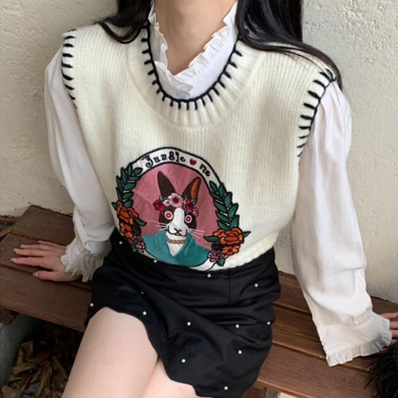 2023 Autumn New Versatile Cartoon Pattern Pullover Sleeveless Sweater Top Women's Knitted Tank Top Vest