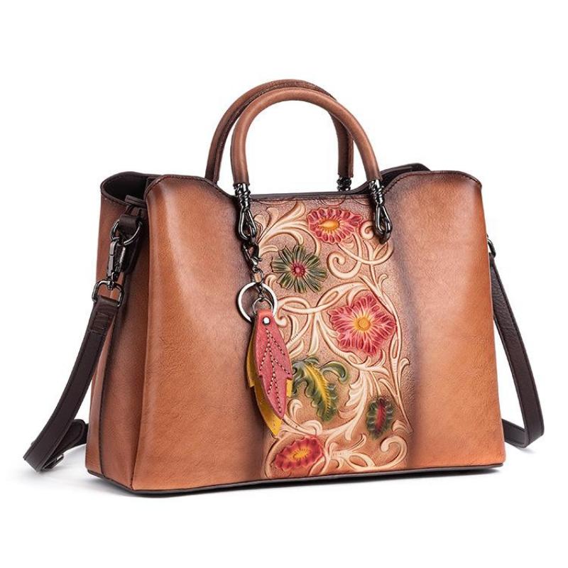 Johnature Všestranná kabelka Dámská kabelka z pravé kůže Vintage Ručně vyráběná embosovaná přírodní hovězí kůže Tašky přes rameno