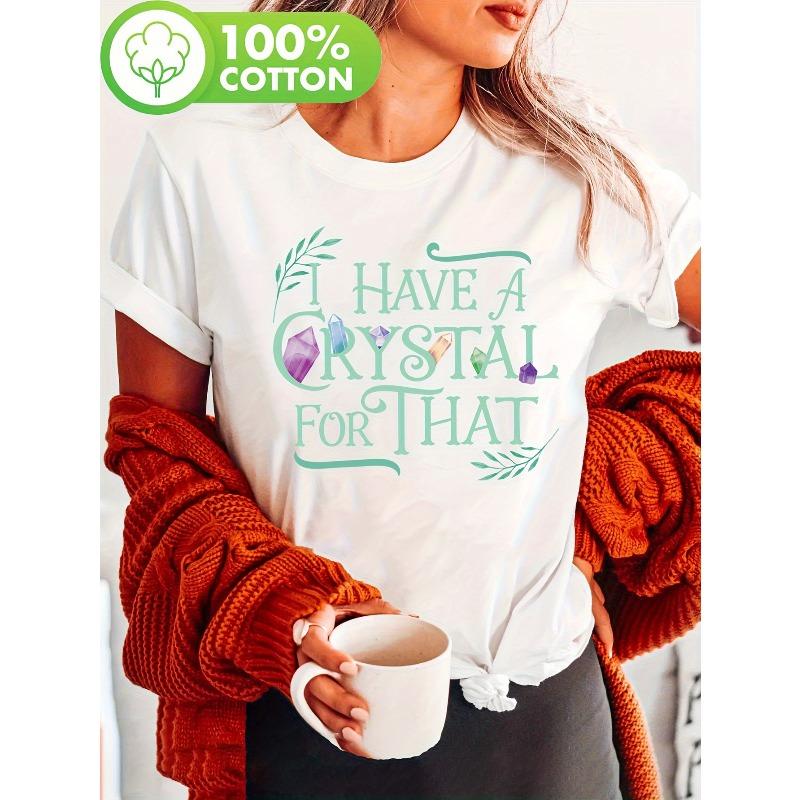 Women "I Have Crystals" Witchcraft Print T-Shirt Round Neck Short Sleeve Loose Fit Semi-Transparent Bohemian Spring Summer Casual Top