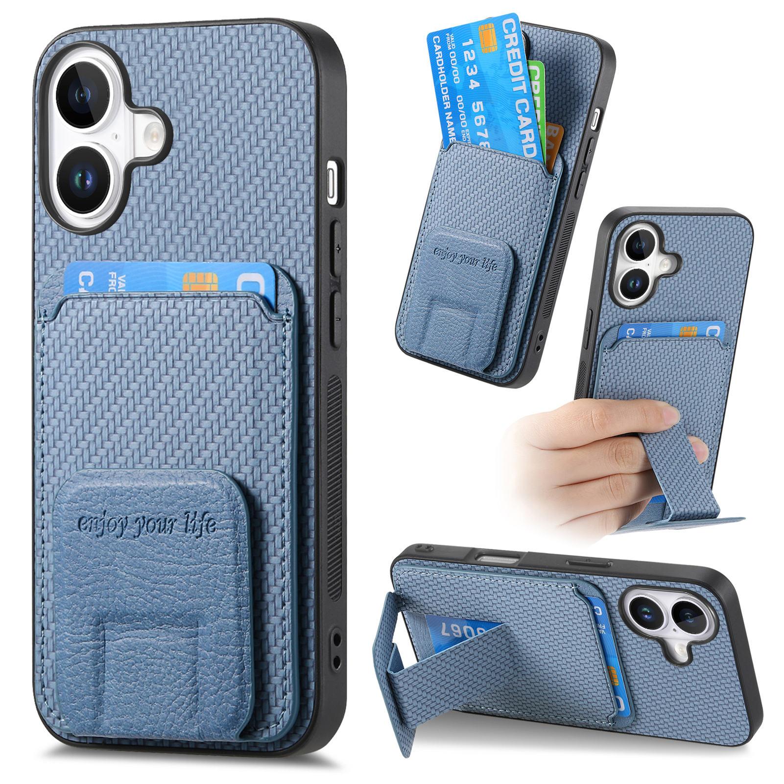 

C1-11 for iPhone 16 Case Card Holder Carbon Fiber Texture Leather Coated TPU Phone Cover Blue