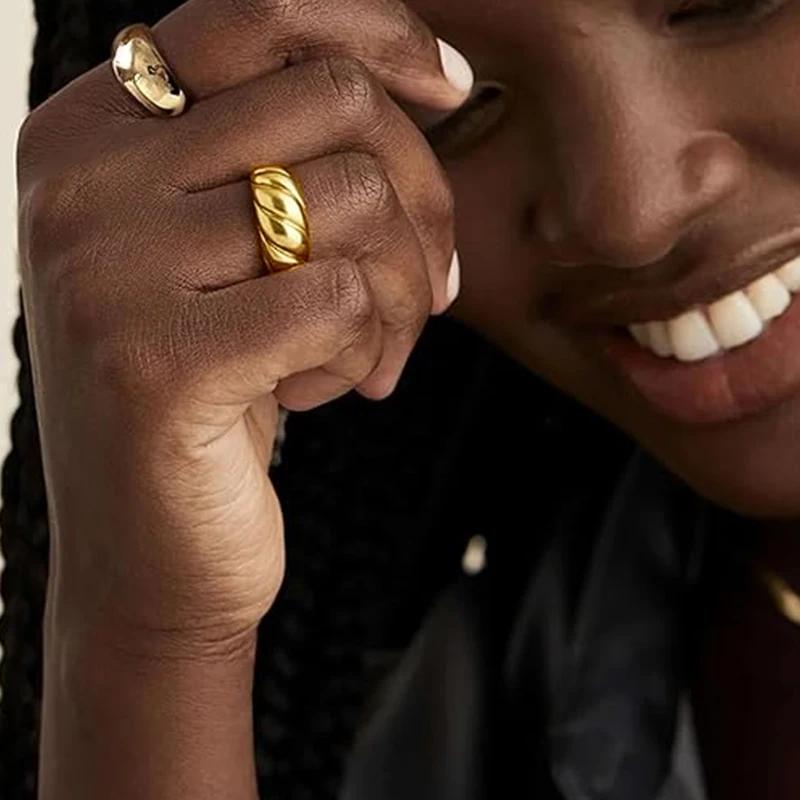 18K Gold Plated Stainless Steel Twist Bread Design Ring Croissant Adjustable Rings for Women Thick Stacking Band Couple Jewelry