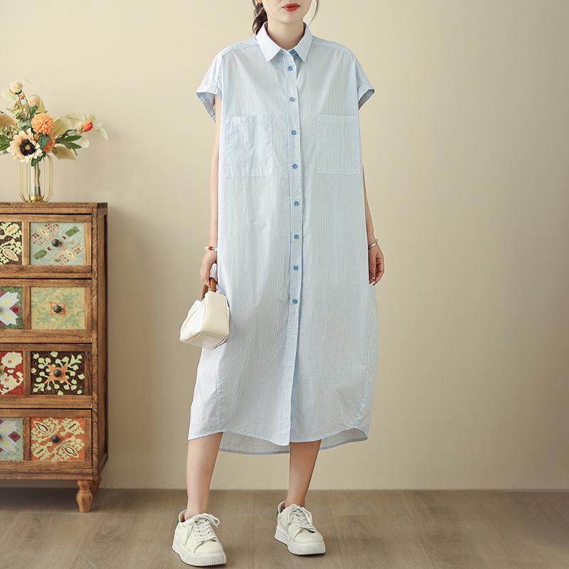 

2025 Korean Style Loose-Fit Sleeveless Mid-Length Striped Cotton Shirt with Pocket L синій