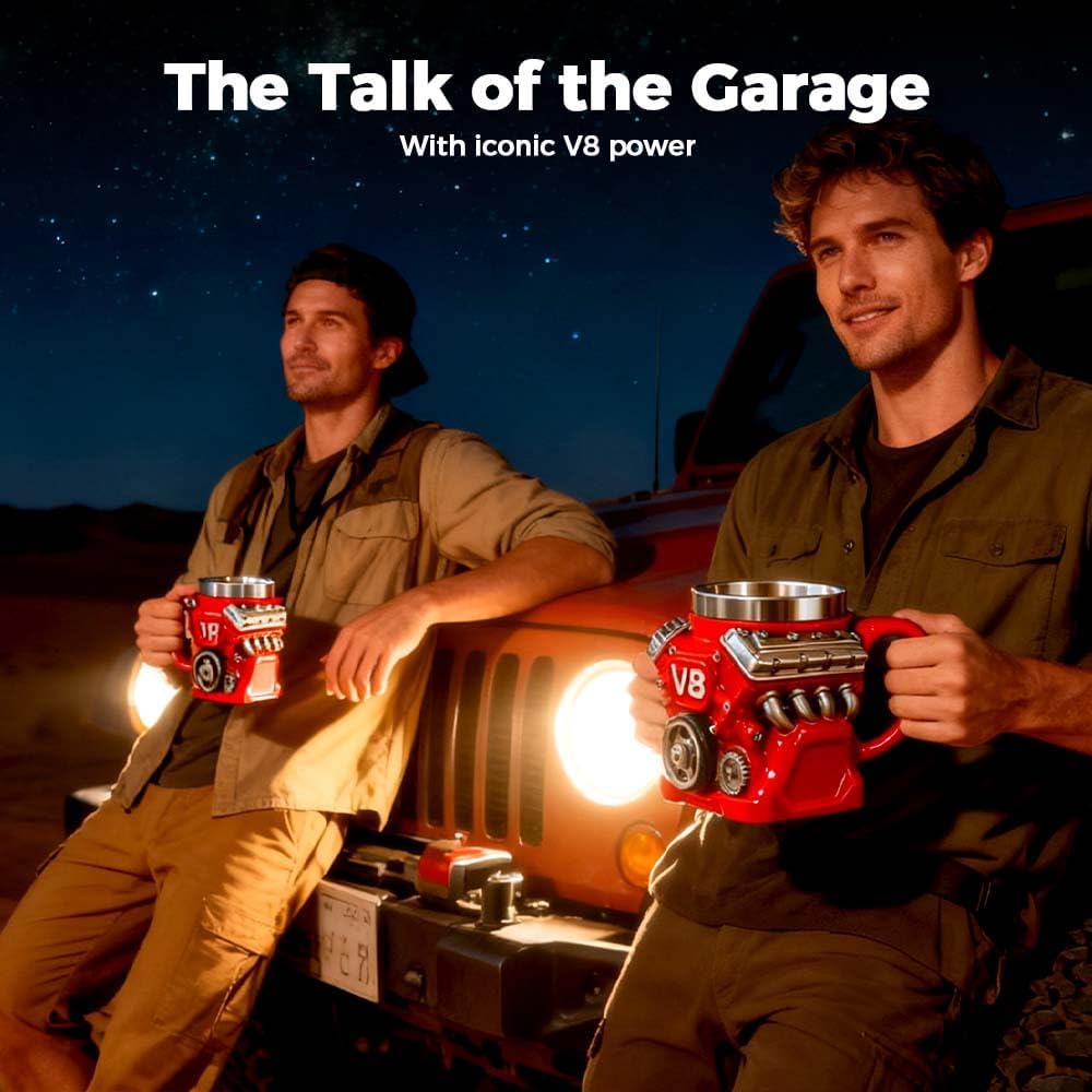 V8 Motor Retro Kaffeetasse Personalisiert Doppelwandige Isolierung Autotasse mit Henkel Perfekt für Vatertag, Weihnachten, Ehemann, Mechaniker, Auto