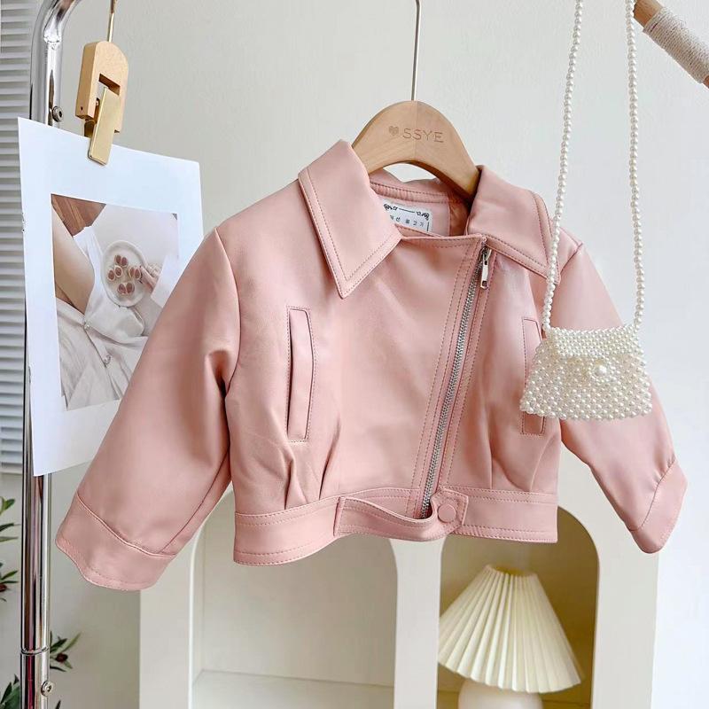 Spring and Autumn Girls Coat Waterproof and Stain Resistant Artificial Leather Fashion Zipper Jacket for 2-8 Years Girl Children Outdoor