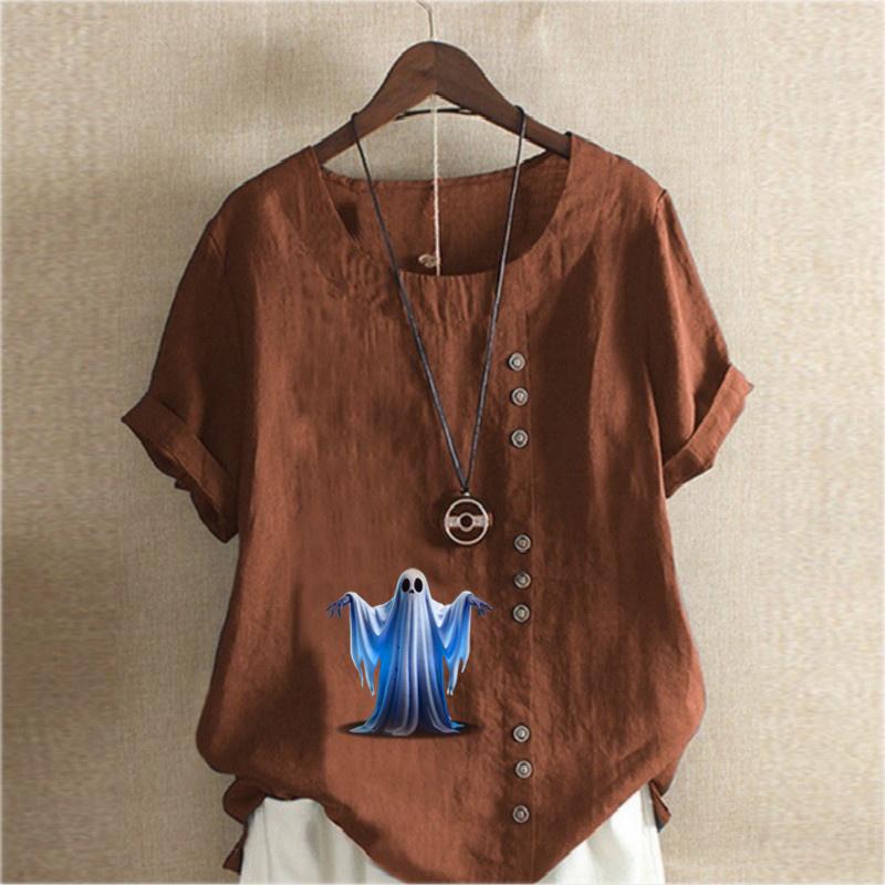 Women's Fashion Ghost Prined Round Neck Short Sleeve T-shirt Casual Cotton Linen Graphic Shirt Leisure Loose Summer Blouse Tops