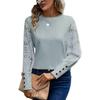 Autumn Solid Color Long Sleeved Embroidered Lace Patchwork Waffle Round Neck Top T Shirt