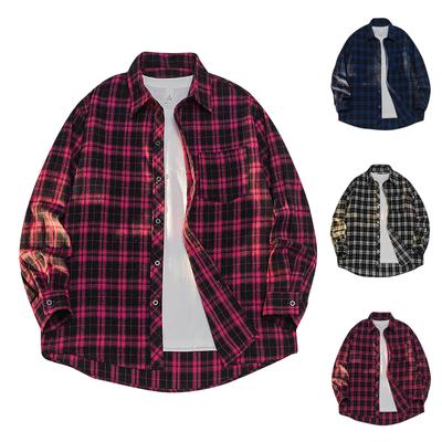 Men's Fashion Casual Loose Plaid Pocket Lapel Long Sleeve Shirt Top Blouse