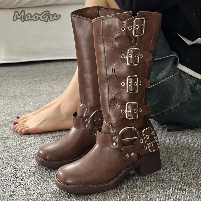 Fashion Brown Black Knee High Boots for Women 2025 Autumn Winter Leather Western Cowboy Long Knight Boots Buckle Straps Mid-Calf Botas