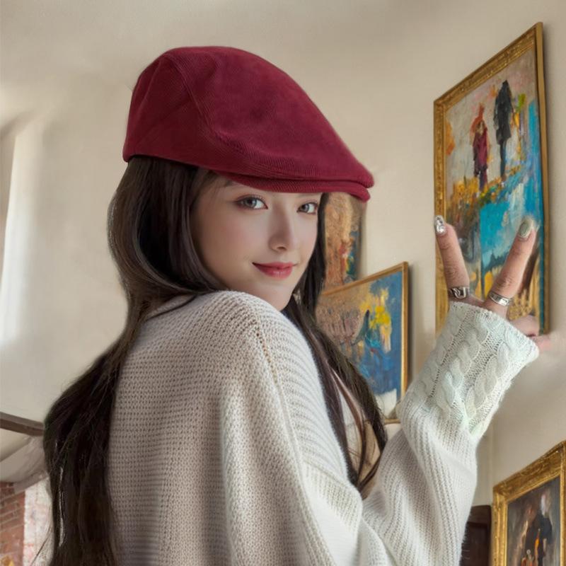 Big Head Circumference Solid Color Versatile Warm Beret Korean High End Japanese Old Retro Front Hat Cotton Hat