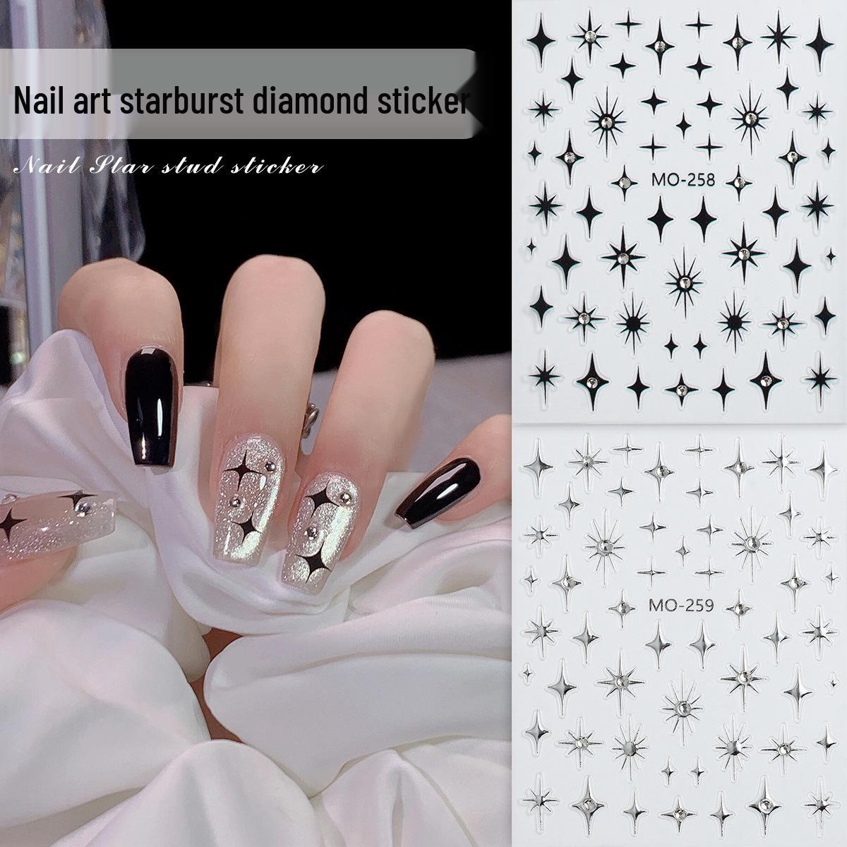 

3D Starburst Nail Art Stickers: Crystal & Rhinestone Embossed Black-Silver Stars
