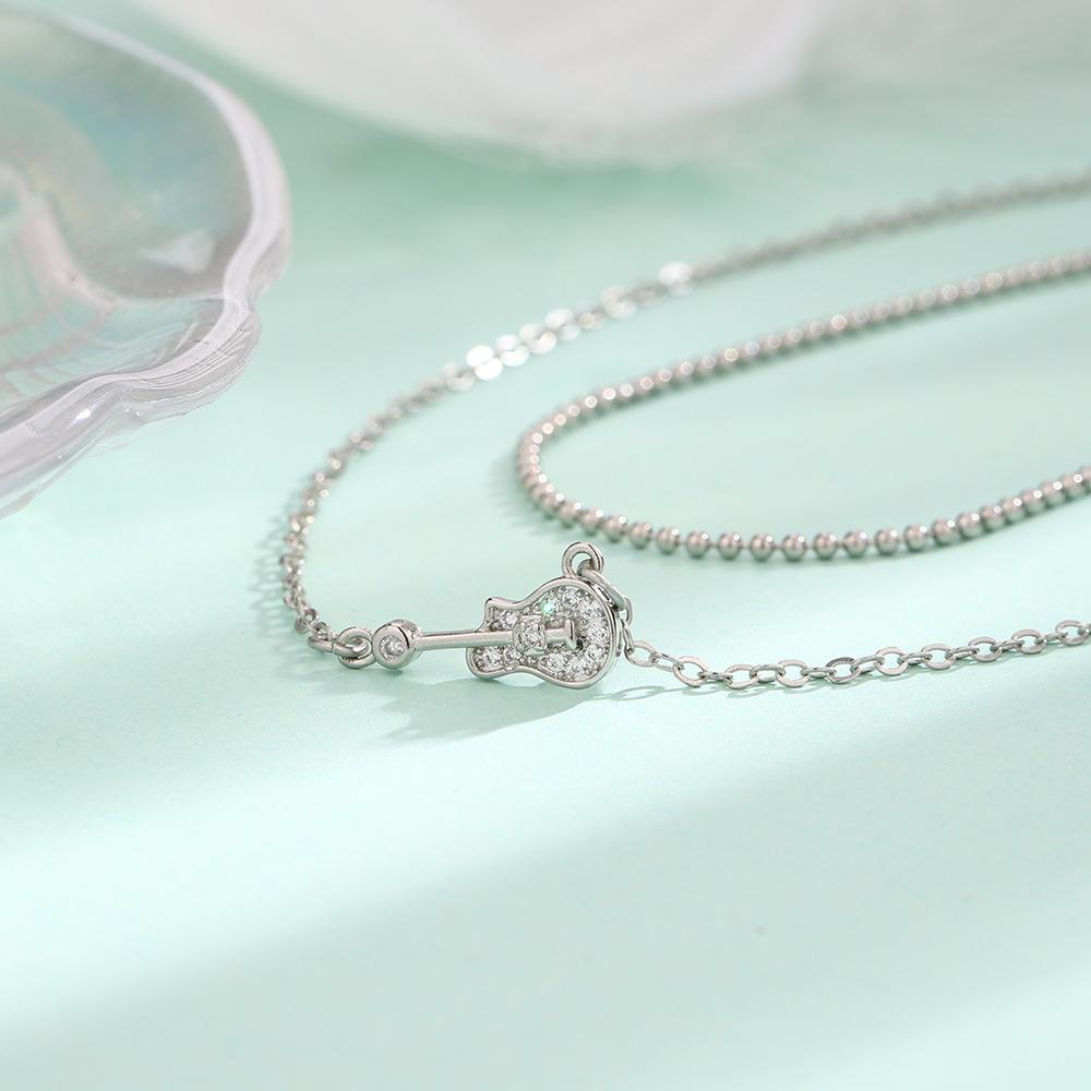 Zircon Guitar Double Necklace Personalized Sweet Cool Full Diamond Bass Pendant Collarbone Chain