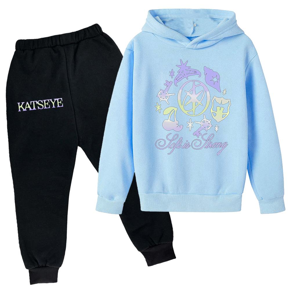 

Plush Long Sleeved Pants Loose Pullover Hoodie Set For Children 160 небо синє кольору