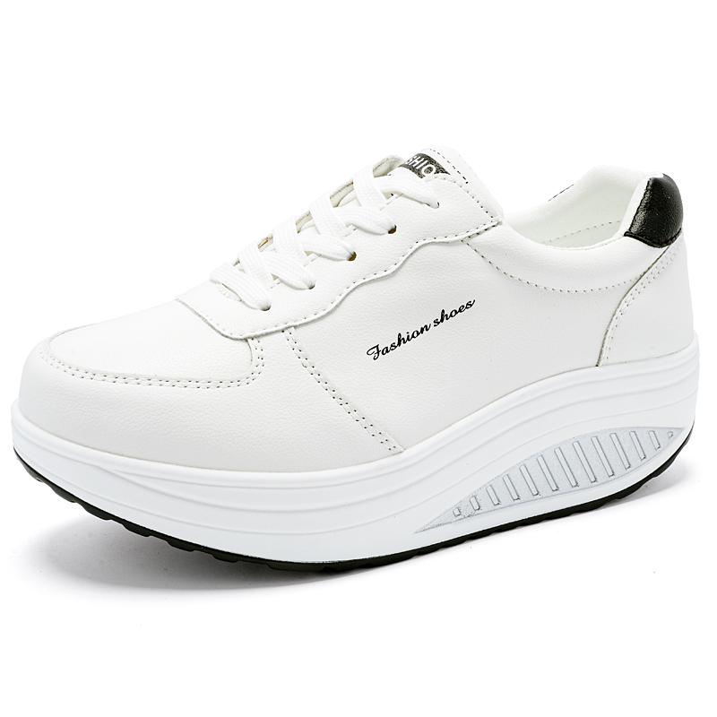 Women Platform Casual White Leather Elevator Shoes Thick Sole Height Increase Sneakers