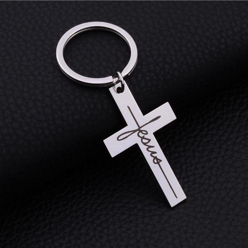 Men's Stainless Steel Cross Keychain with Inspirational Engraving