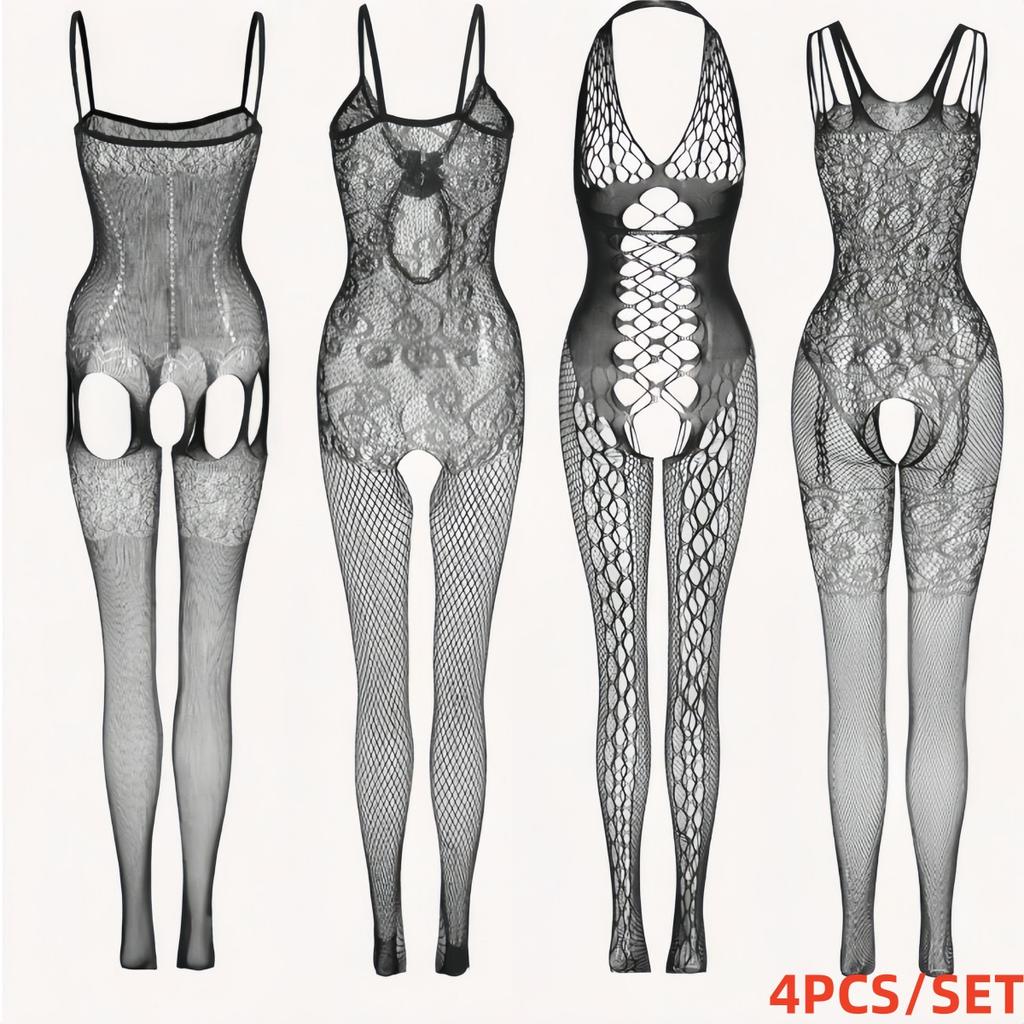4PCS/SET Plus Size Sexy Lingerie for Women Erotic Fishnet Bodystockings Underwear Bodydoll Lingerie Costumes Bodysuits