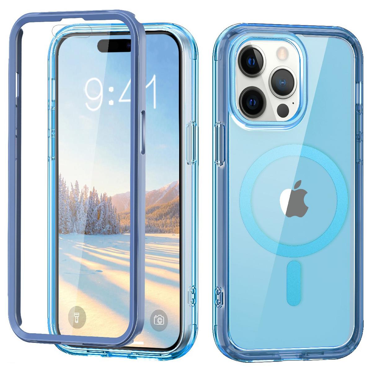 For iPhone 16 Pro Magnetic Case PC+TPU+PET Drop-Proof Clear Phone Cover Blue