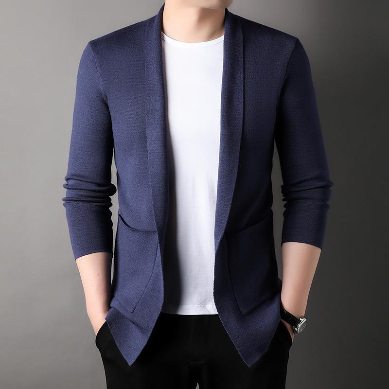 

Осенний мужской кардиган средней длины, однотонный, с воротником, трикотажный жакет, свободный свитер для молодых и средних лет 4XL