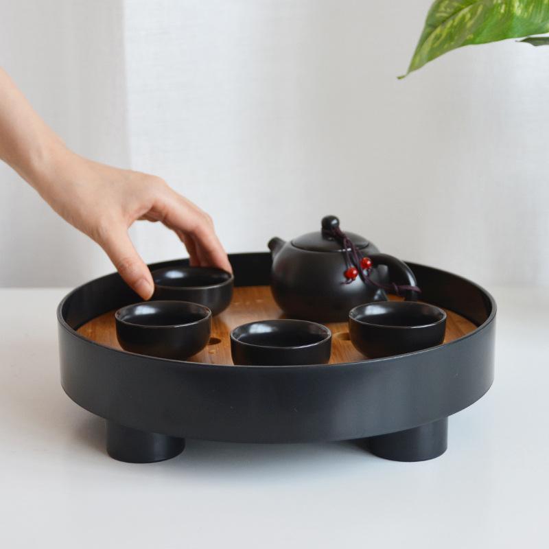 Japanese Style Simple Round Tea Basin Household Small Tea Tray Plastic Bamboo Drain Table Living Room Tray