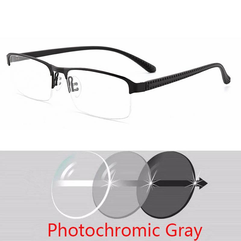 Photochromic Reading Glasses Men Aspheric Hard Resin Lense Reader Eyeglasses Flexible Temples Legs Half Frame Male Presbyopia