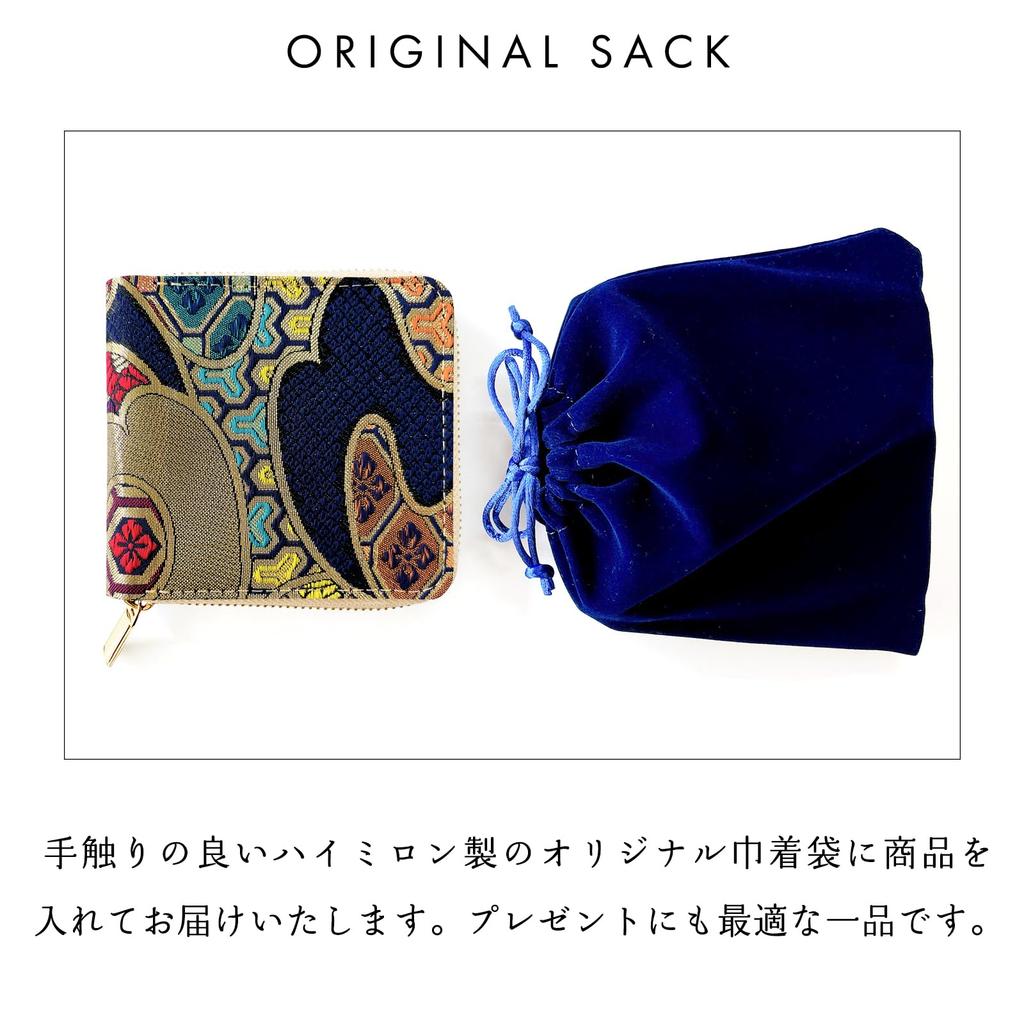 Nishijin-ori Wallet, Bi-fold, Coin Purse, Compact, Thin, Card Slots, Round Zipper, Wave Pattern