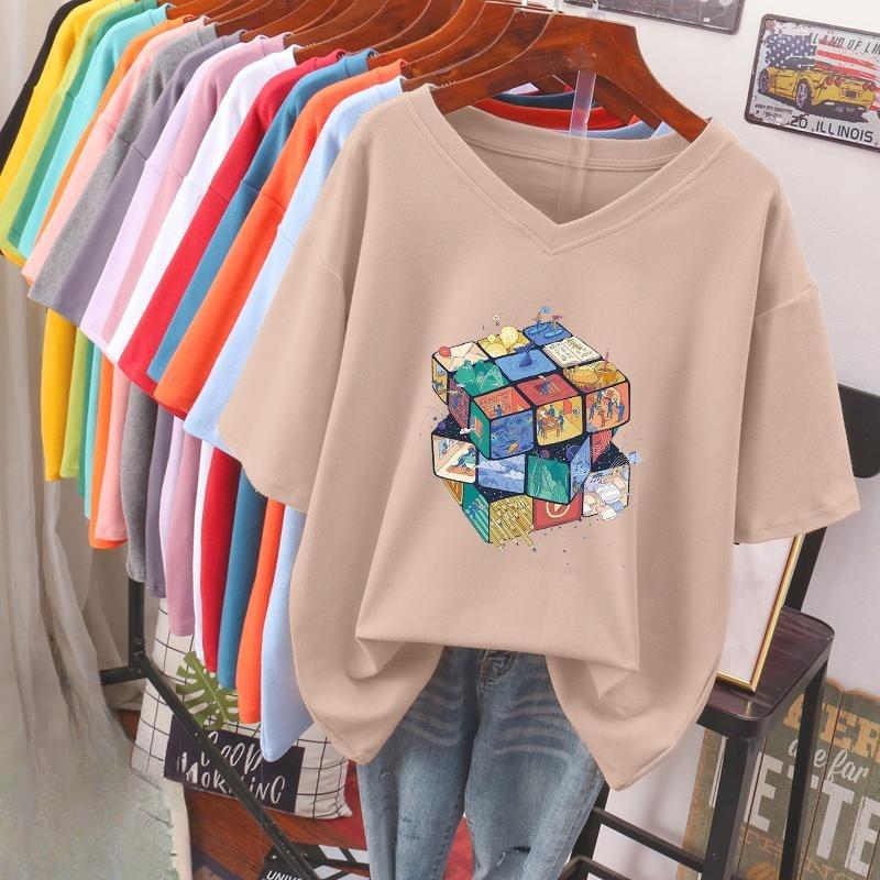 Short-sleeved T-shirt for Women, Large Size, Loose and Slimming, Printed V-neck Top
